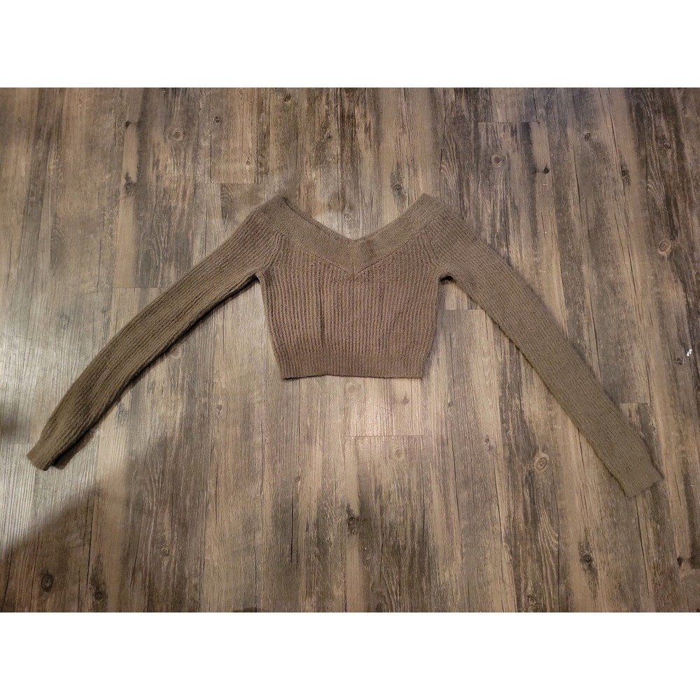 American Eagle Fuzzy Ribbed V-Neck Cropped Sweater Taupe Brown Womens Small